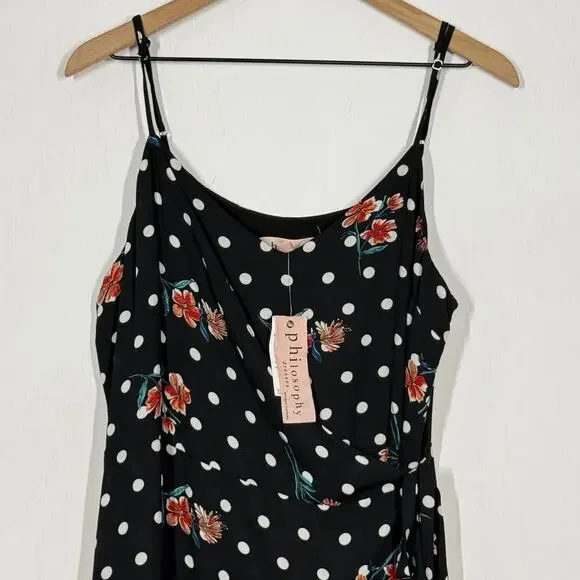 Philosophy Faux Wrap Maxi Dress NWT Womens 10 Black Red White Polka Dot Floral - Picture 3 of 10